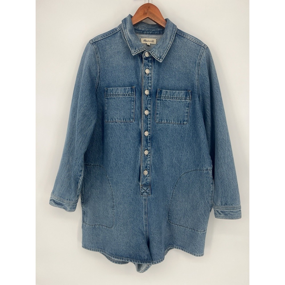 Madewell Denim Long-Sleeve Romper in Burnham Wash Size XL